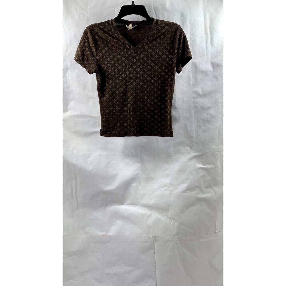 ES SE Women's Brown Cross Print Semi Sheer V-Neck Short Sleeve Top SZ M